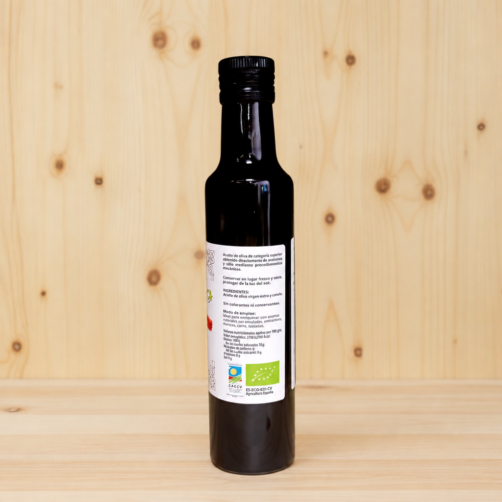 Aceite de canela, trasera, fondo de madera
