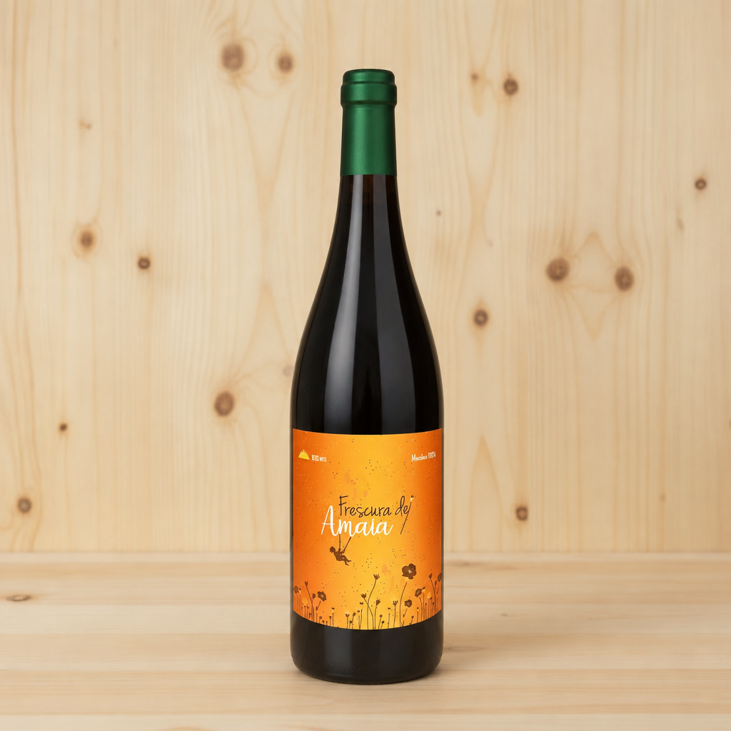 Botella de vino tinto Frescura de Amaia, etiqueta frontal naranja, sobre fondo de madera de pino