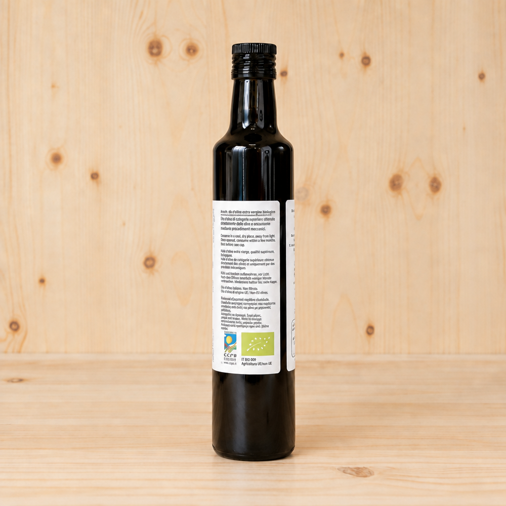 Aceite de oliva virgen extra aromatizado con pimiento seco BIO AGRISANZ, trasera cuadrada con el bote ampliado
