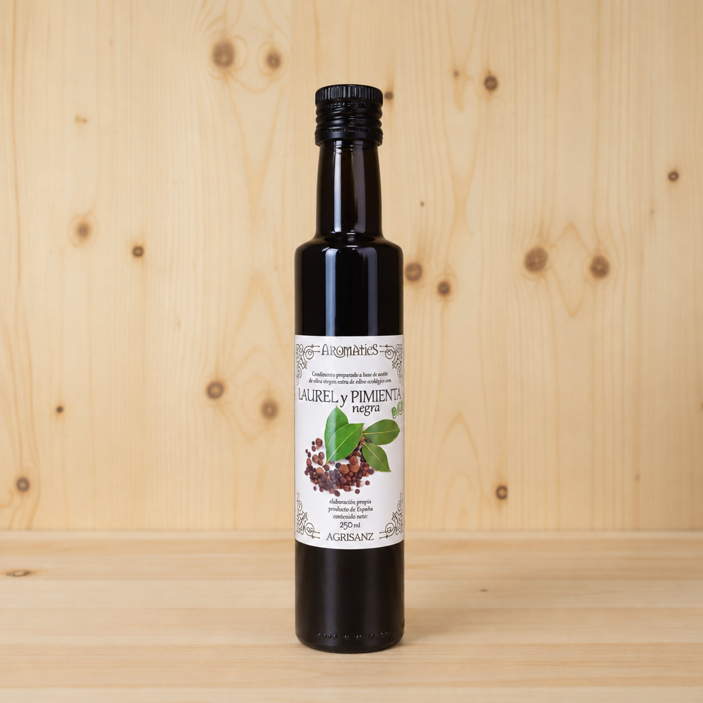 Aceite de oliva virgen extra aromatizado con Laurel y Pimienta negra AGRISANZ, vista trasera cuadrada con el fondo de madera habitual