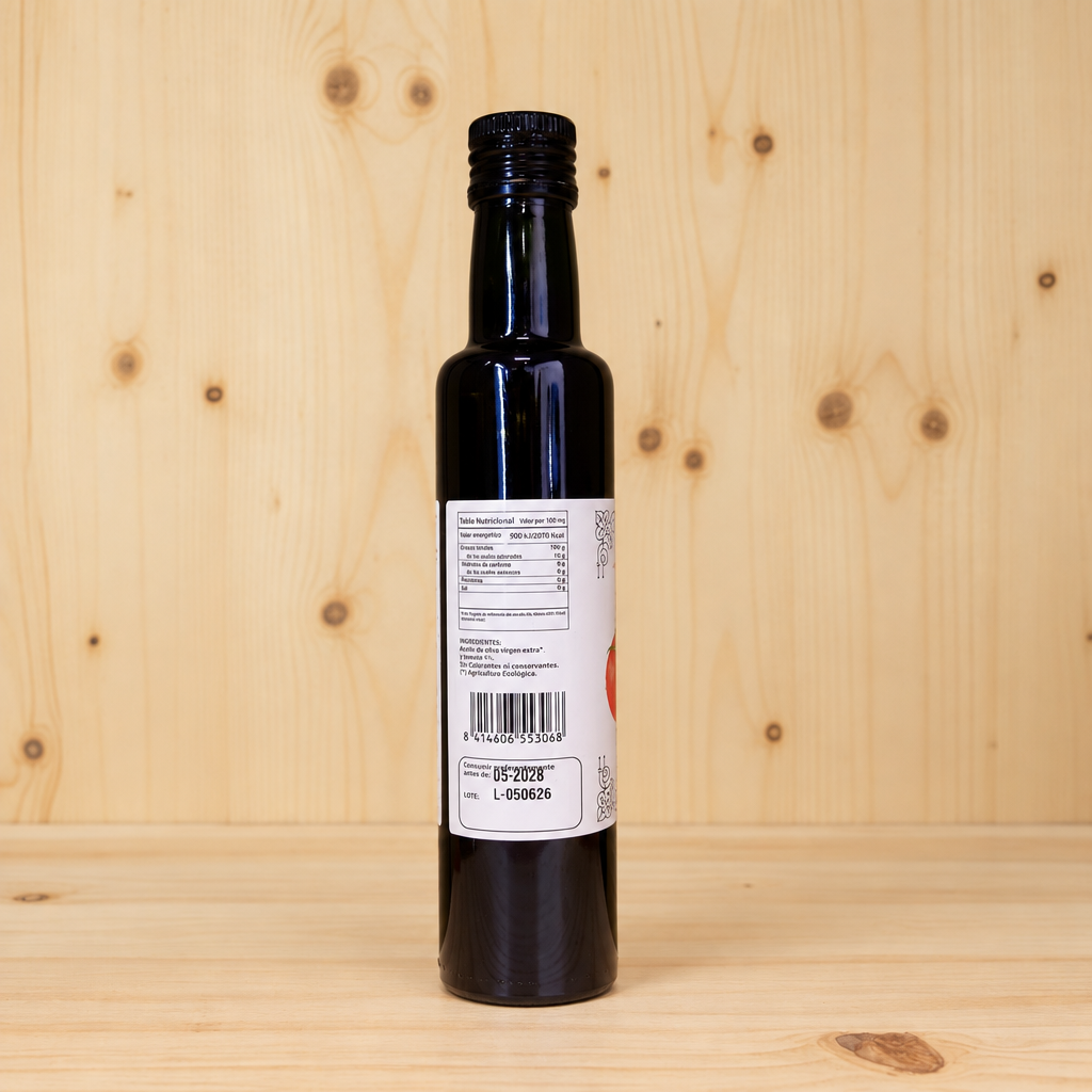 Aceite de oliva virgen extra aromatizado con Tomate BIO AGRISANZ, vista trasera cuadrada con fondo de madera clara