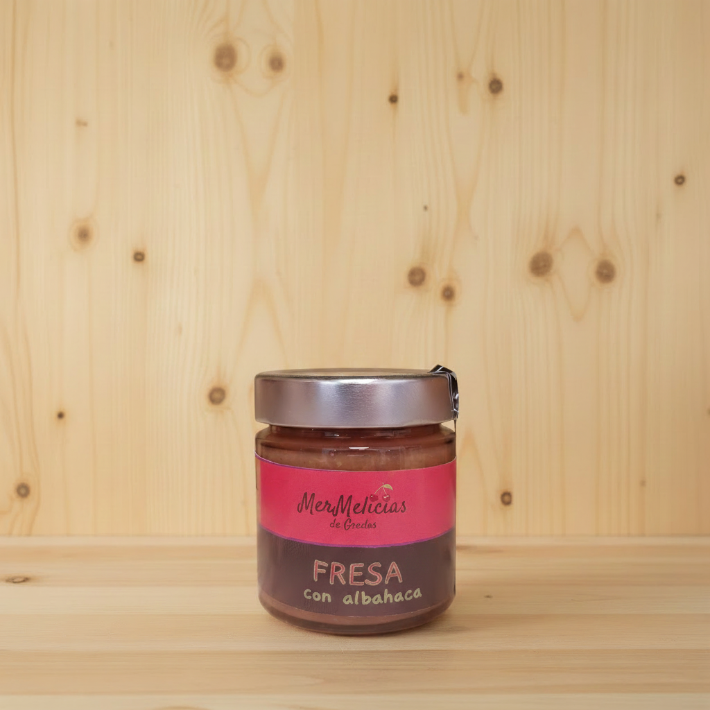 Mermelada Fresa Albahaca fondo pino